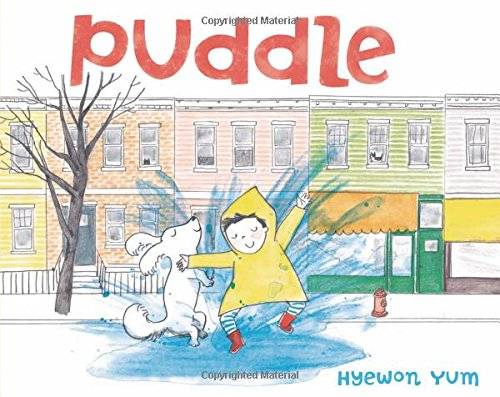 Illustrated book cover featuring a child and a dog jumping in a puddle with city buildings in the background.